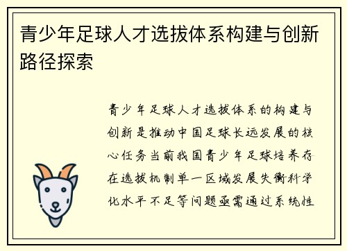 青少年足球人才选拔体系构建与创新路径探索