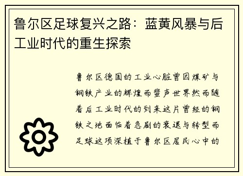 鲁尔区足球复兴之路：蓝黄风暴与后工业时代的重生探索