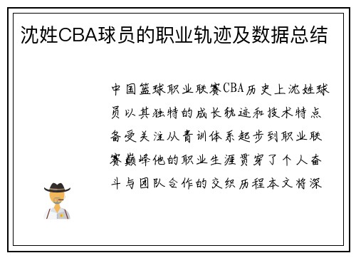 沈姓CBA球员的职业轨迹及数据总结